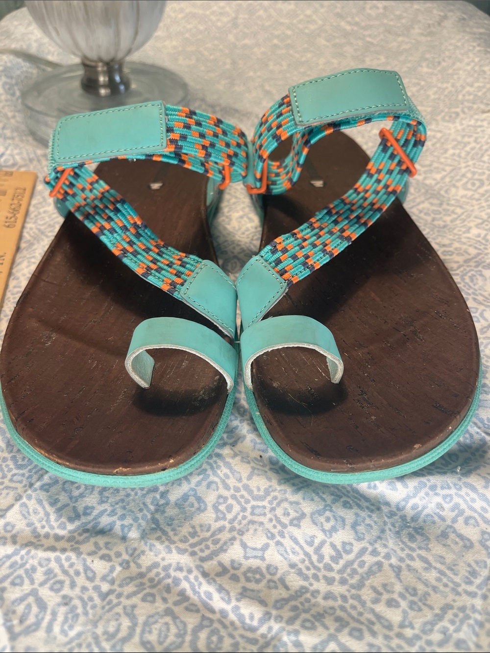 Merrell Around Town Sun Vue Turquoise/Orange Braided Toe-Loop Sandals Thong Sz 9